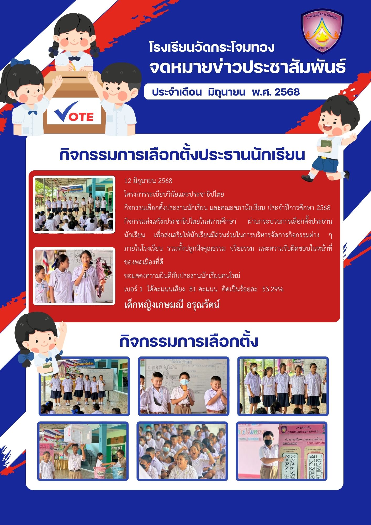สีน้ำเงิน สีแดง และสีขาว การ์ตูน การเลือกตั้งโรงเรียน จดหมายข่าว